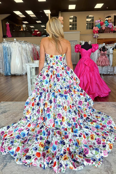 Charming A-Line Strapless Floral Embroidery Ruffle Tiered Long Prom Dresses DM25102206