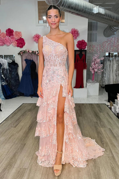 Sparkly Lilac One Shoulder Tiered Lace Long Prom Dress with Slit DM3082812
