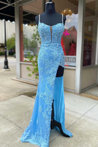 Blue Sequin Appliques Cold-Shoulder Long Prom Gown with Slit MD092709