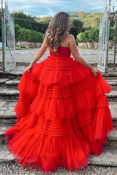 Glitter Beige Strapless Tulle Long Tiered Prom Dress with Slit DM3082807