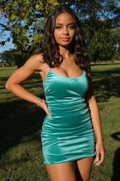 Turquoise Scoop Neck Velvet Lace-Up Short Party Dress MD091004