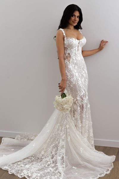 Gorgeous Mermaid V Neck Lace Long Wedding Dresses DM4092708