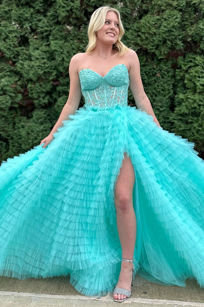 Yellow Appliques Sweetheart Ruffle Tiered A-Line Prom Dress MD112006