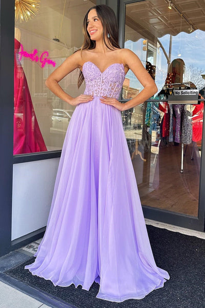 Lilac Chiffon Applique Sweetheart A-Line Prom Dress with Puff Sleeves MD092409