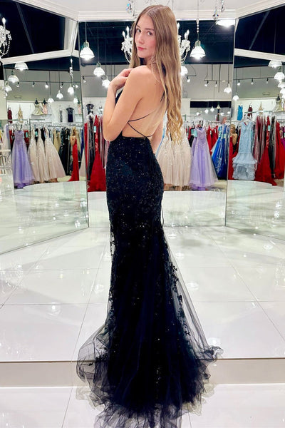 Red Tulle Appliques Scoop Neck Lace-Up Mermaid Long Dress MD111204