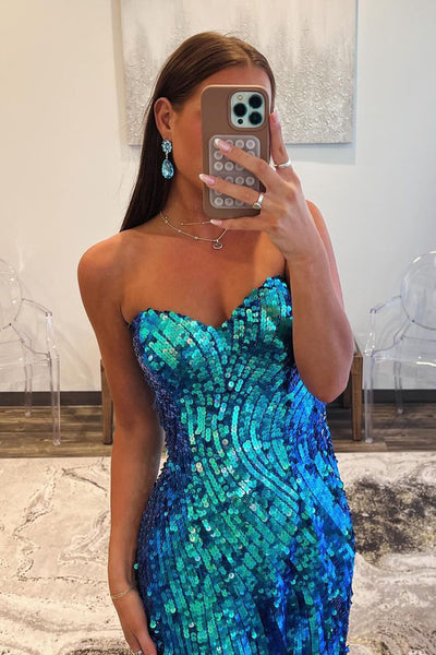 Mermaid Strapless Blue Sequins Long Prom Dress MD4050904