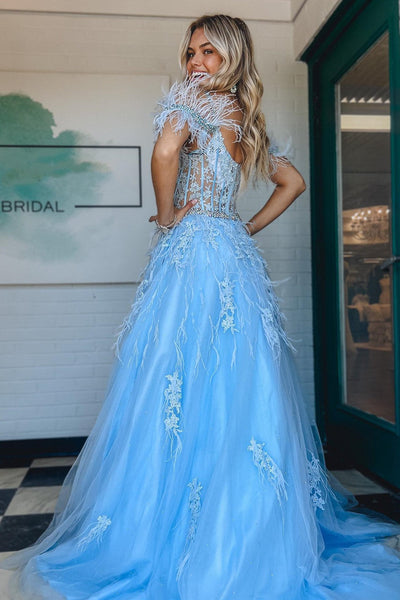 Light Blue Feathers Cold-Shoulder Long Formal Dress MD103009