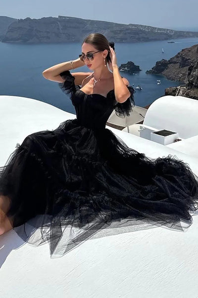 Black A-Line Corset Ruffled Tulle Homecoming Prom Dress MD091404