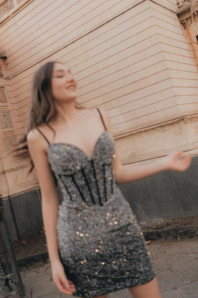 Cute Bodycon V Neck Elastic Satin Short Homecoming Dresses with Beading MD4052702