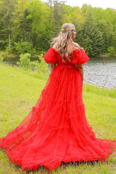 A Line Off the Shoulder Fuchsia Tulle Corset Prom Dress with Bowknot DM3082802