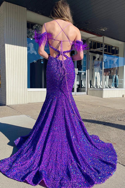 Mermaid Off the Shoulder Purple Sequins Cut Out Prom Dress with Feathers MD092306