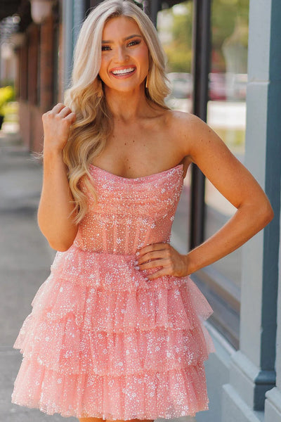 Light Blue Corset Strapless A-Line Tiered Short Homecoming Dress with Beaded MD0903020