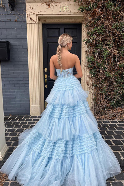 A-Line Strapless Blue Ruffle Tiered Tulle Long Prom Dress with Appliques MD4051701