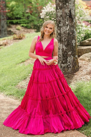 Two Piece V Neck Pink Ruffle Tiered Long Prom Dress MD4051602