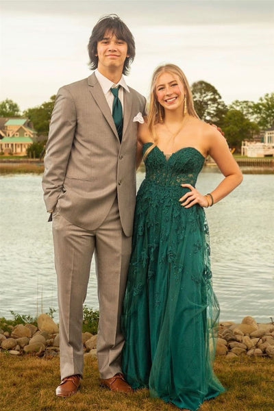 Hot Pink Strapless Floral Appliques A-line Long Prom Dress with Slit MD121301