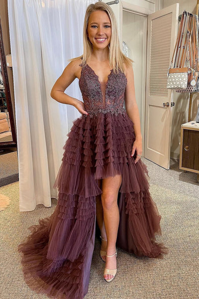 High-Low Tulle Plunge V Tiered Formal Gown with Ruffles MD103005