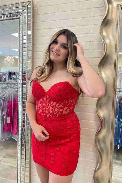 Red Cute Bodycon Sweetheart Lace Appliques Short Homecoming Dresses MD091612
