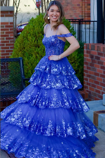 Tulle Sequin Cold-Shoulder Ruffle Tiered Long Prom Dress MD122301