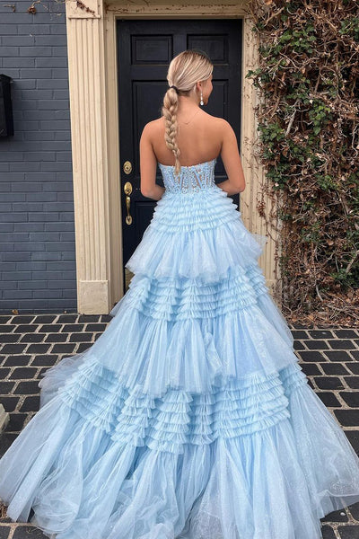 Light Blue Sweetheart Tiered Tulle Long Prom Dresses with Appliques MD4010601