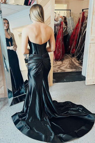 Black Strapless Mermaid Satin Long Prom Dresses with Slit MD4010703