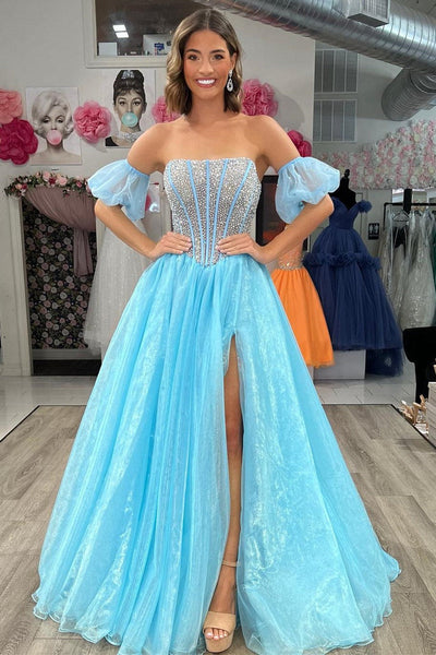 A-Line Strapless Blush Organza Long Prom Dresses with Beading MD103102