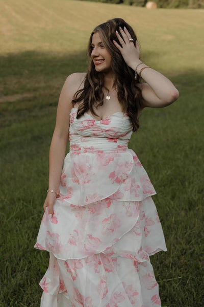 Cute A-Line Sweetheart Pink Floral Printed Layered Long Prom Dress DM25102807