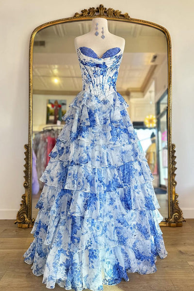 Cute A Line Sweetheart Blue White Floral Printed Chiffon Tiered Prom Dress with Slit DM250113
