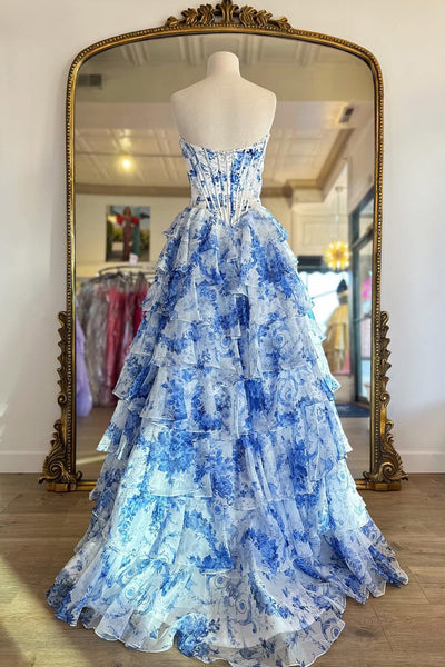 Cute A Line Sweetheart Blue White Floral Printed Chiffon Tiered Prom Dress with Slit DM250113