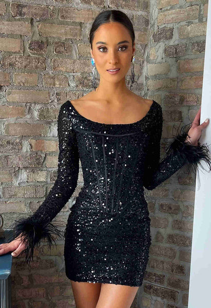 Black Boat Neck Sequin Feather Long Sleeve Sheath Short Homecoming Dress MD091108