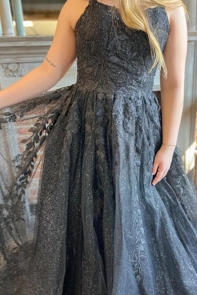 Glitter A-Line Lace Long Prom Dress with Pockets DM3082713