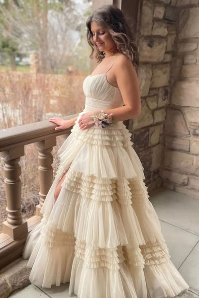 Cute Ball Gown Scoop Neck Champagne Tiered Tulle Long Prom Dress with Slit MD4060503