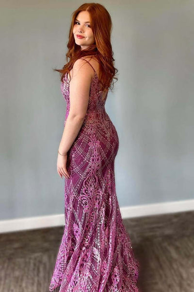 Stunning Purple V Neck Spaghetti Straps Appliques Mermaid Long Prom Dress DM25102801