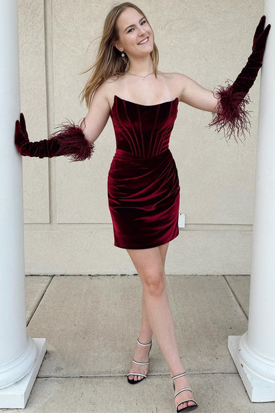 Wine Red Velvet Strapless Bodycon Short Homecoming Dress MD091005