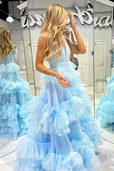 A-Line V Neck Ruffle Tiered Tulle Long Prom Dress MD4021805