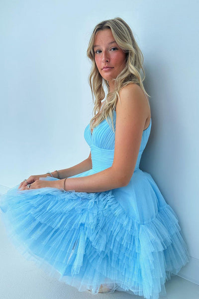 Cute Light Blue V Neck Tulle Short Homecoming Dresses DM091208