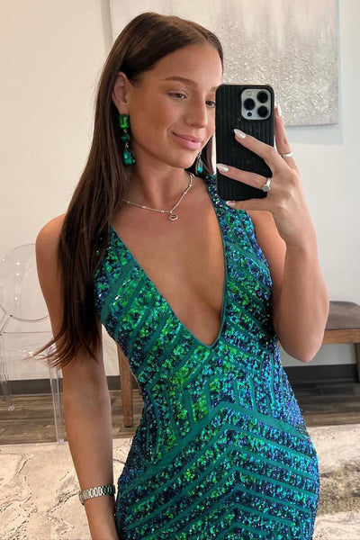 Green Sequins V Neck Mermaid Long Prom Dress MD121207
