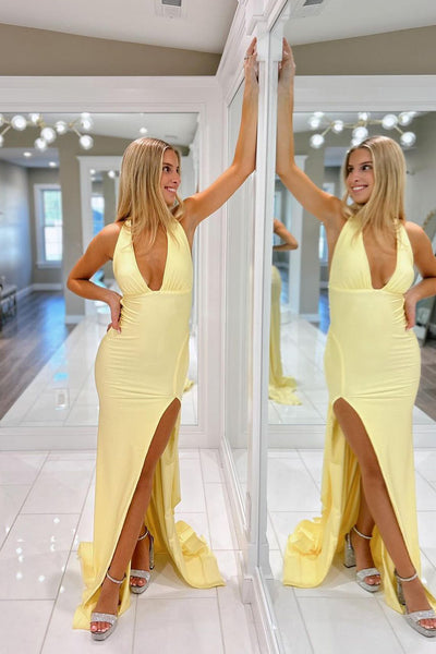 Mermaid Deep V Neck Yellow Elastic Satin Long Prom Dresses with Slit DM24101502