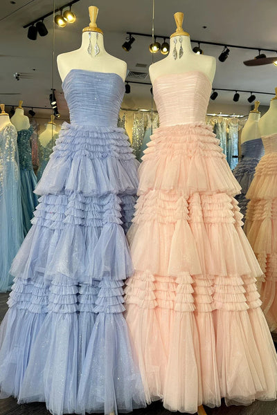 Glitter Beige Strapless Tulle Long Tiered Prom Dress with Slit DM3082807