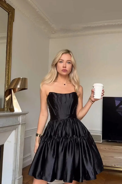 Simple Strapless Black Satin Short A-Line Homecoming Dresses DM4072307