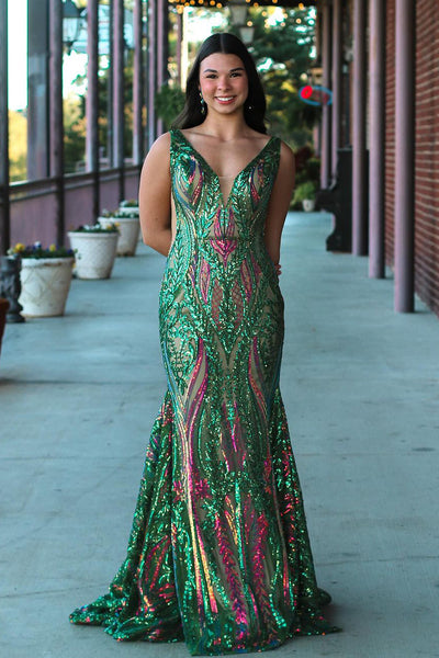 Sparkly Mermaid V Neck Green Sequins Lace Prom Dresses DM24102102