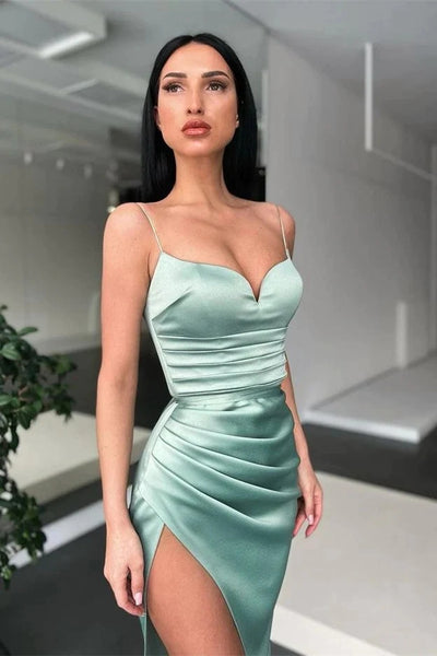 Green Spaghetti Straps Mermaid Prom Dress With High Slit MD100404