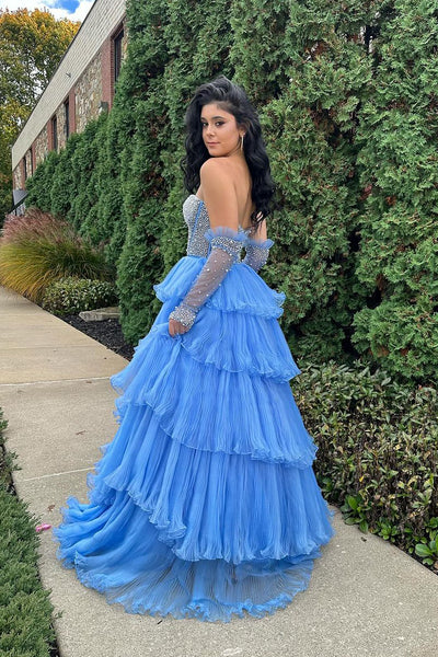 Blue Strapless Tiered Tulle Prom Dress with Beading MD120101