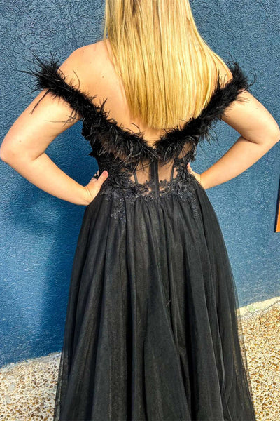 Off the Shoulder Black Feathers Long Prom Dress with Slit MD110306