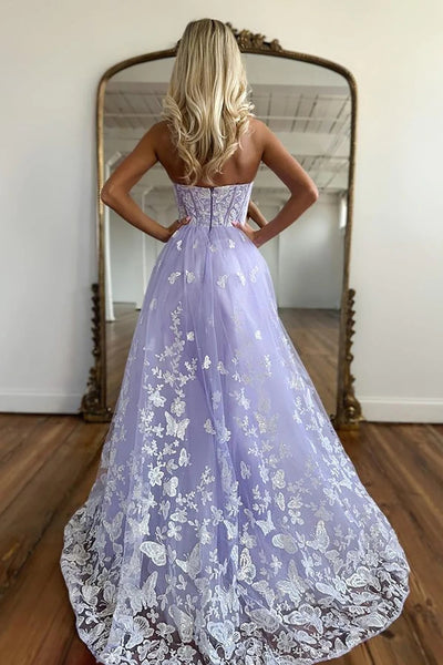 A Line Sweetheart Lilac Corset Prom Dress with Appliques MD100204