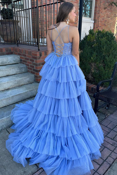 Blue Sweetheart Tiered Tulle Long Prom Dress with Appliques MD120503