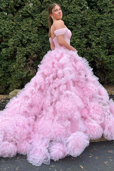 Pink Off the Shoulder Ruffle Tiered Tulle Long Prom Dress MD4021401