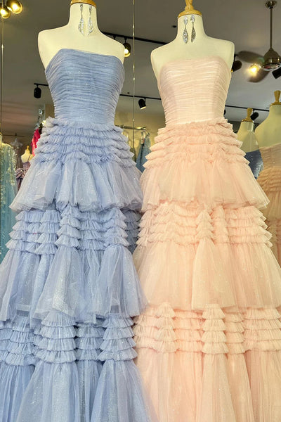 Glitter Beige Strapless Tulle Long Tiered Prom Dress with Slit DM3082807