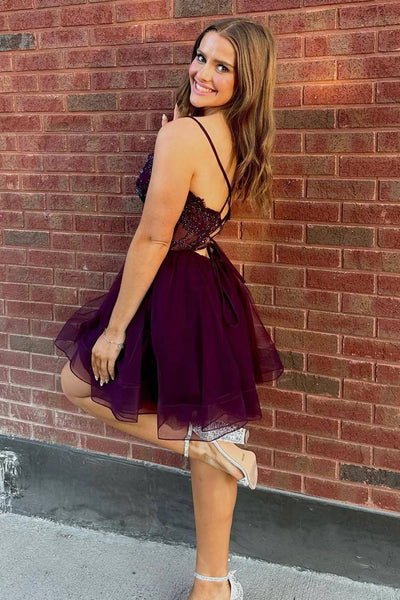 A Line Spaghetti Straps Purple Corset Homecoming Dress with Beading MD091315