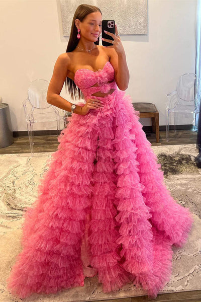 Strapless Hot Pink Keyhole Print Ruffle Tiered Prom Dress MD110309