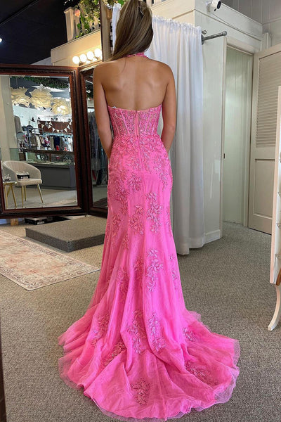 Charming Mermaid V Neck Pink Lace Long Prom Dresses with Appliques DM102405